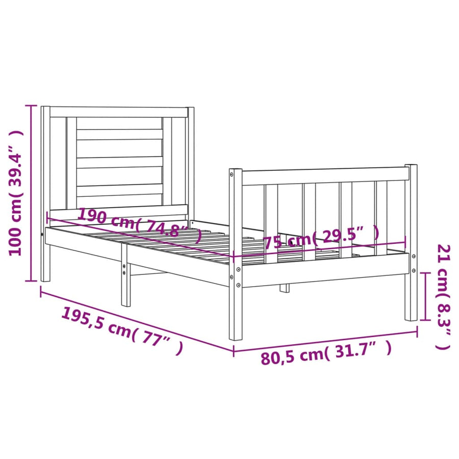Bedframe Met Hoofdbord Massief Hout 2Ft6 Small Single 75 x 190 cm Zwart