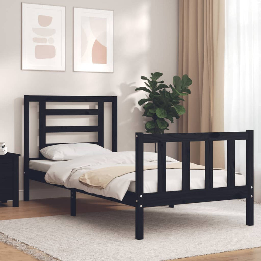 Bedframe Met Hoofdbord Massief Hout 2Ft6 Small Single 75 x 190 cm Zwart