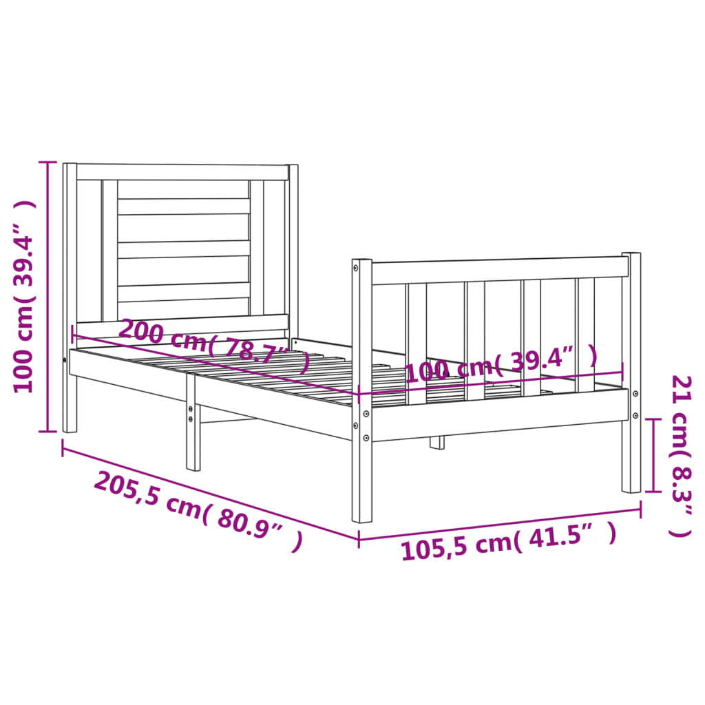 Bedframe Met Hoofdbord Massief Hout 100 x 200 cm Wit