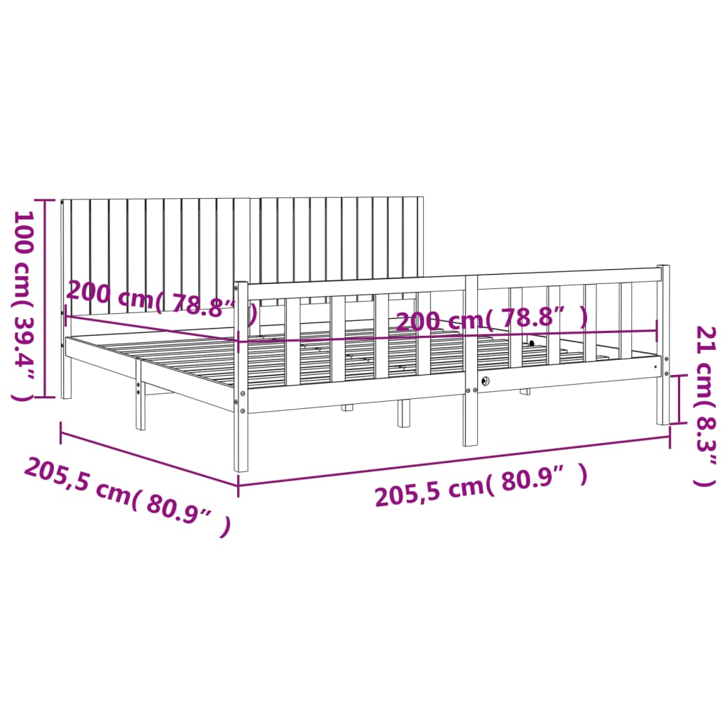 Bedframe Met Hoofdbord Massief Hout 200 x 200 cm Zwart