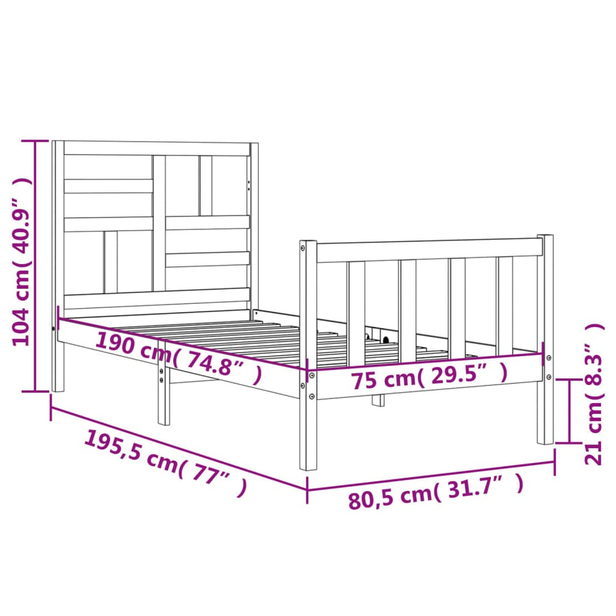 Bedframe Met Hoofdbord Massief Hout 2Ft6 Small Single 75 x 190 cm Zwart