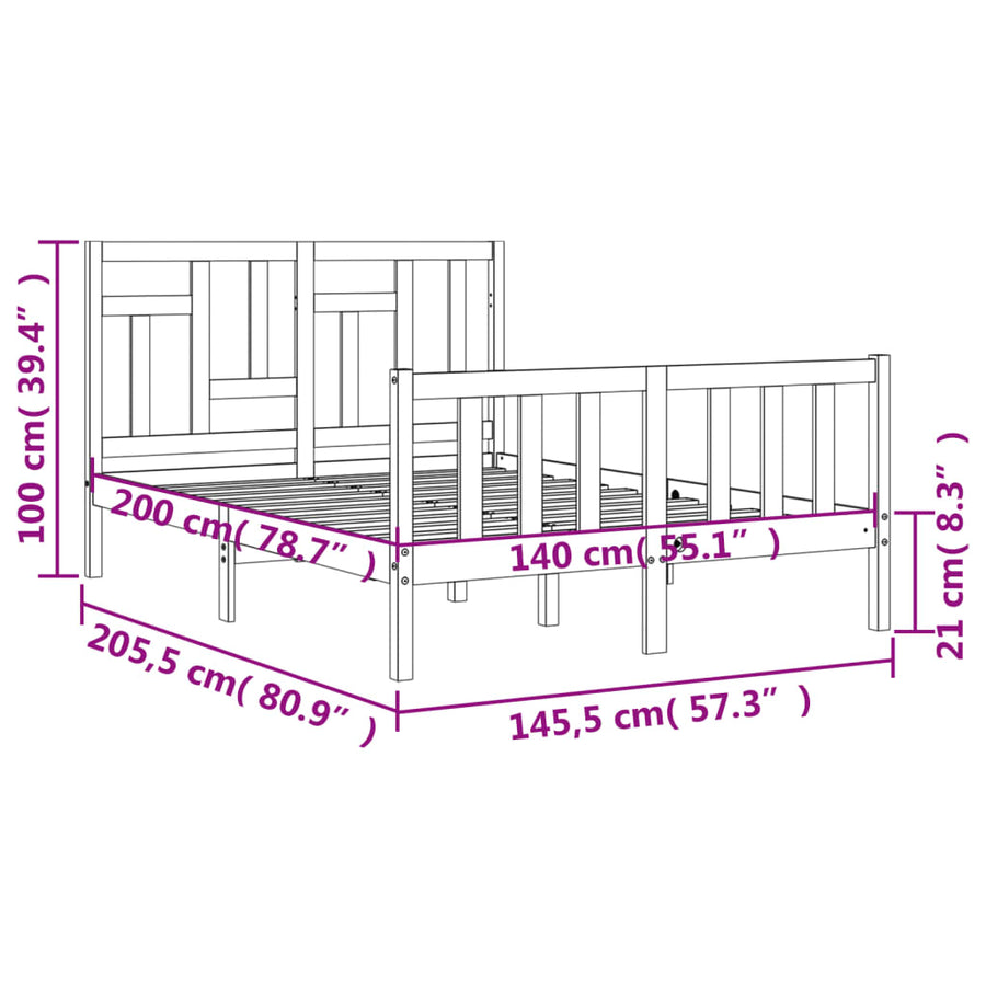 Bedframe Met Hoofdbord Massief Hout 140 x 200 cm Naturel