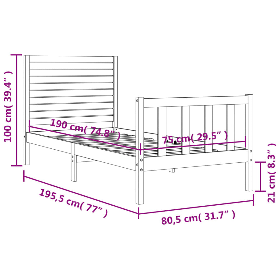Bedframe met hoofdbord massief hout zwart 2FT6 Small Single 75 x 190 cm Zwart
