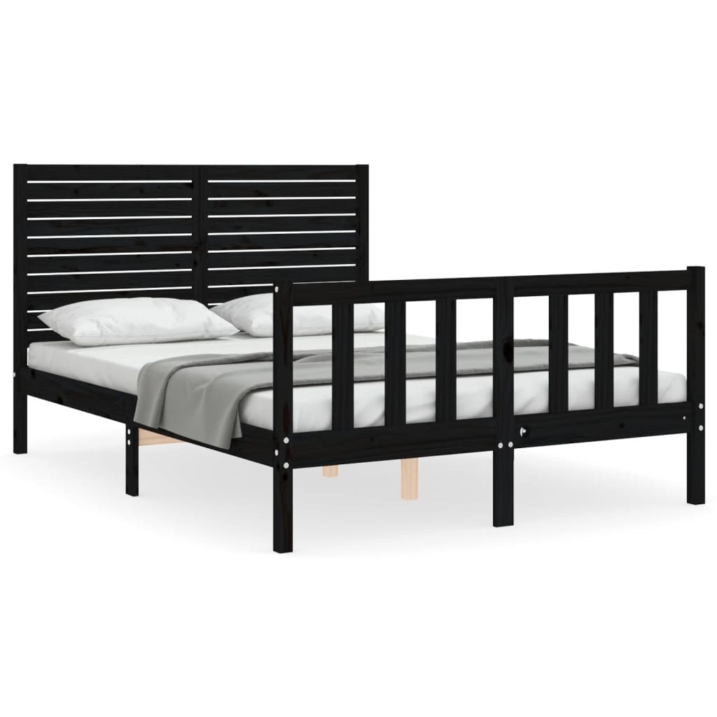 Bedframe met hoofdbord massief hout zwart 4FT6 Double 135 x 190 cm Zwart