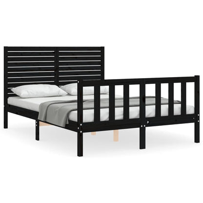 Bedframe met hoofdbord massief hout zwart 4FT6 Double 135 x 190 cm Zwart