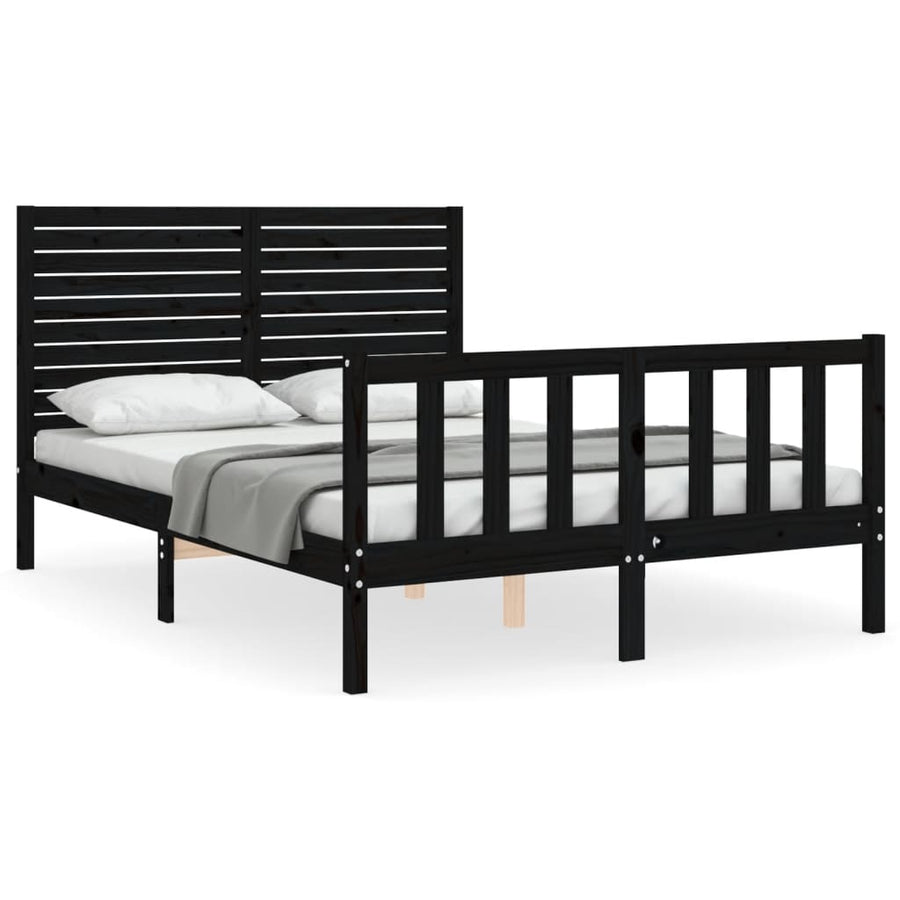 Bedframe met hoofdbord massief hout zwart 4FT6 Double 135 x 190 cm Zwart