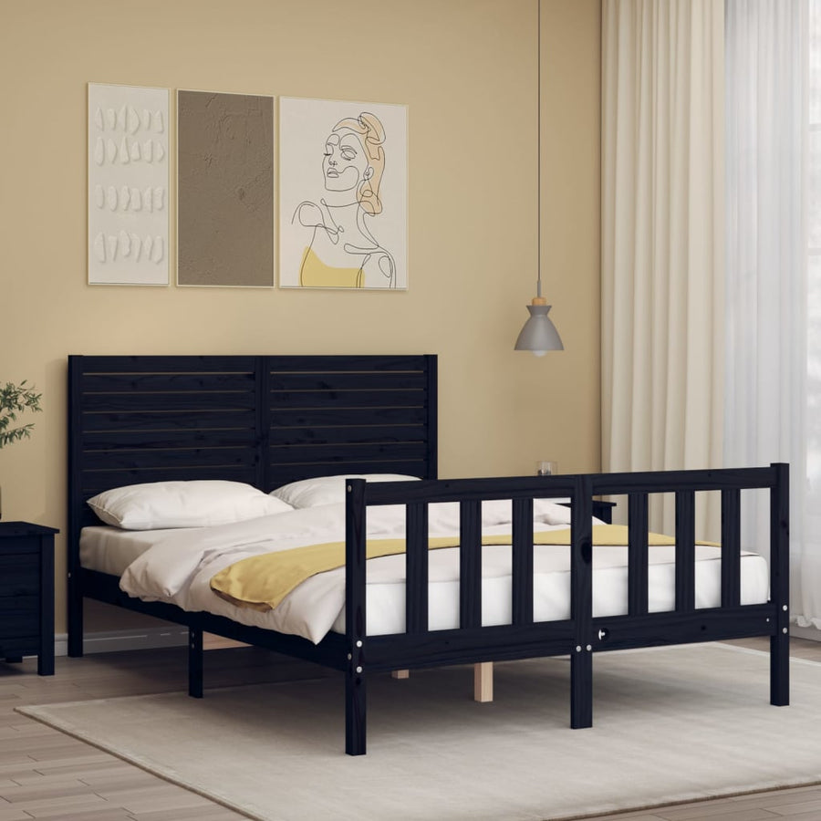 Bedframe met hoofdbord massief hout zwart 4FT6 Double 135 x 190 cm Zwart