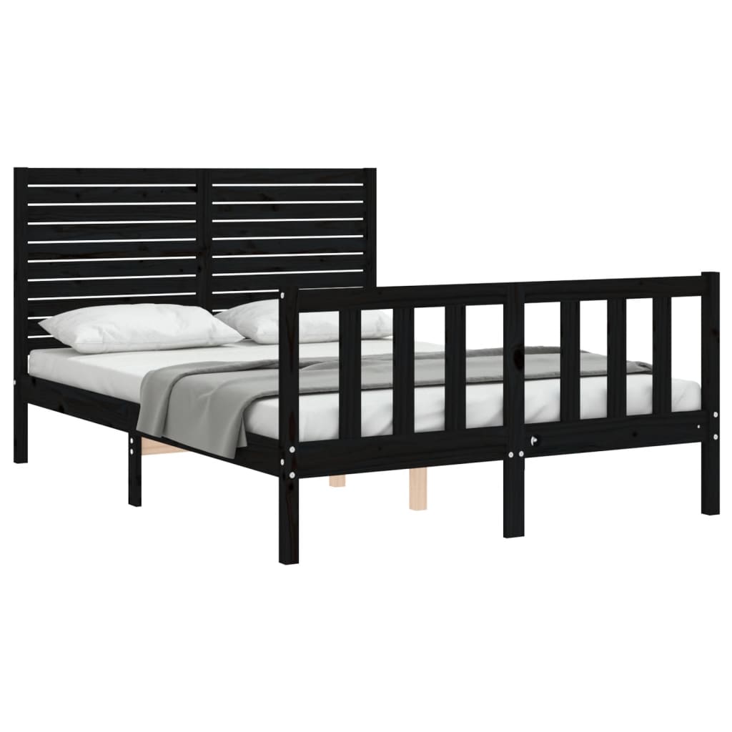 Bedframe met hoofdbord massief hout zwart 4FT6 Double 135 x 190 cm Zwart