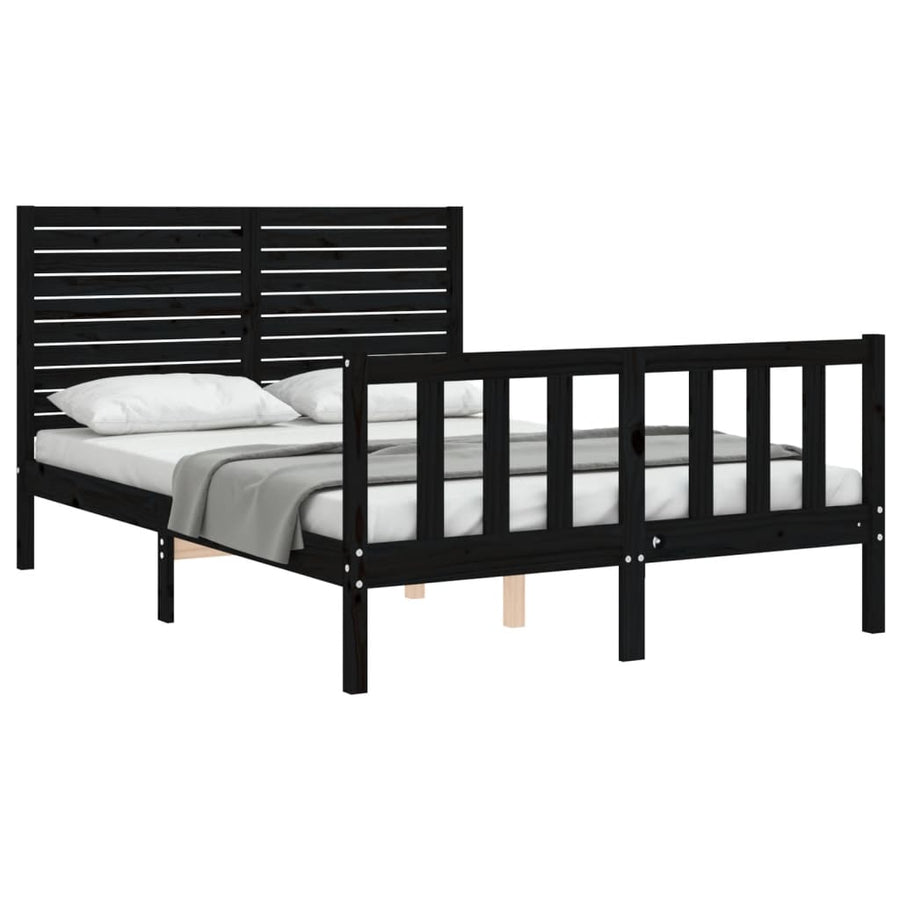 Bedframe met hoofdbord massief hout zwart 4FT6 Double 135 x 190 cm Zwart