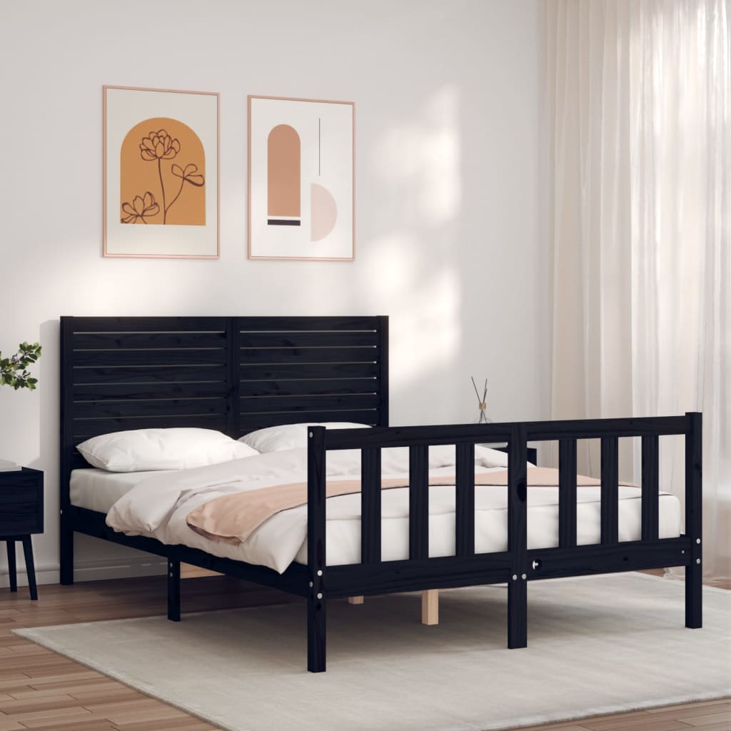 Bedframe met hoofdbord massief hout zwart 4FT6 Double 135 x 190 cm Zwart