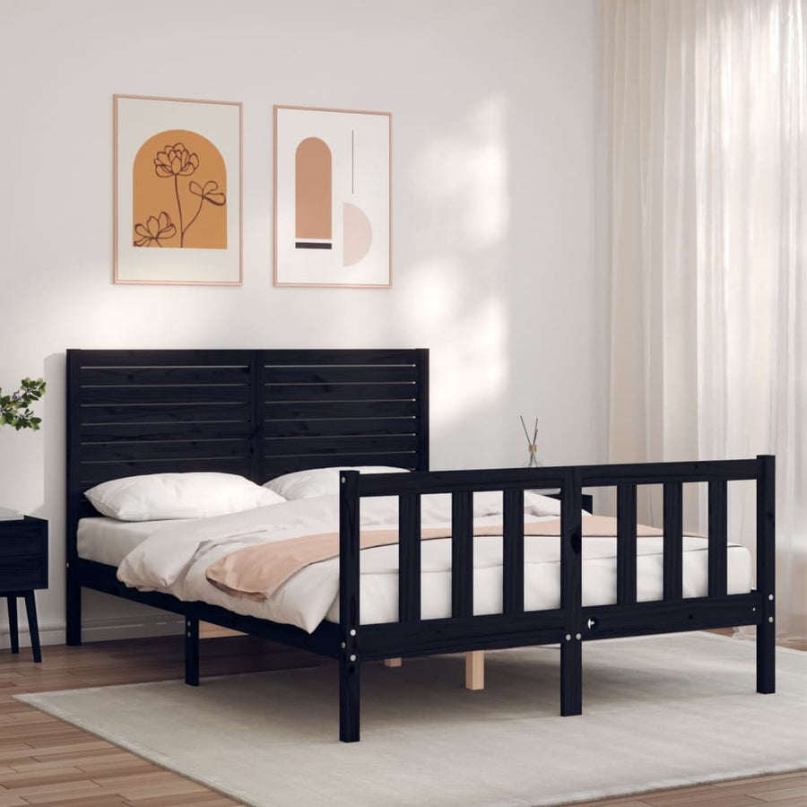 Bedframe met hoofdbord massief hout zwart 4FT6 Double 135 x 190 cm Zwart