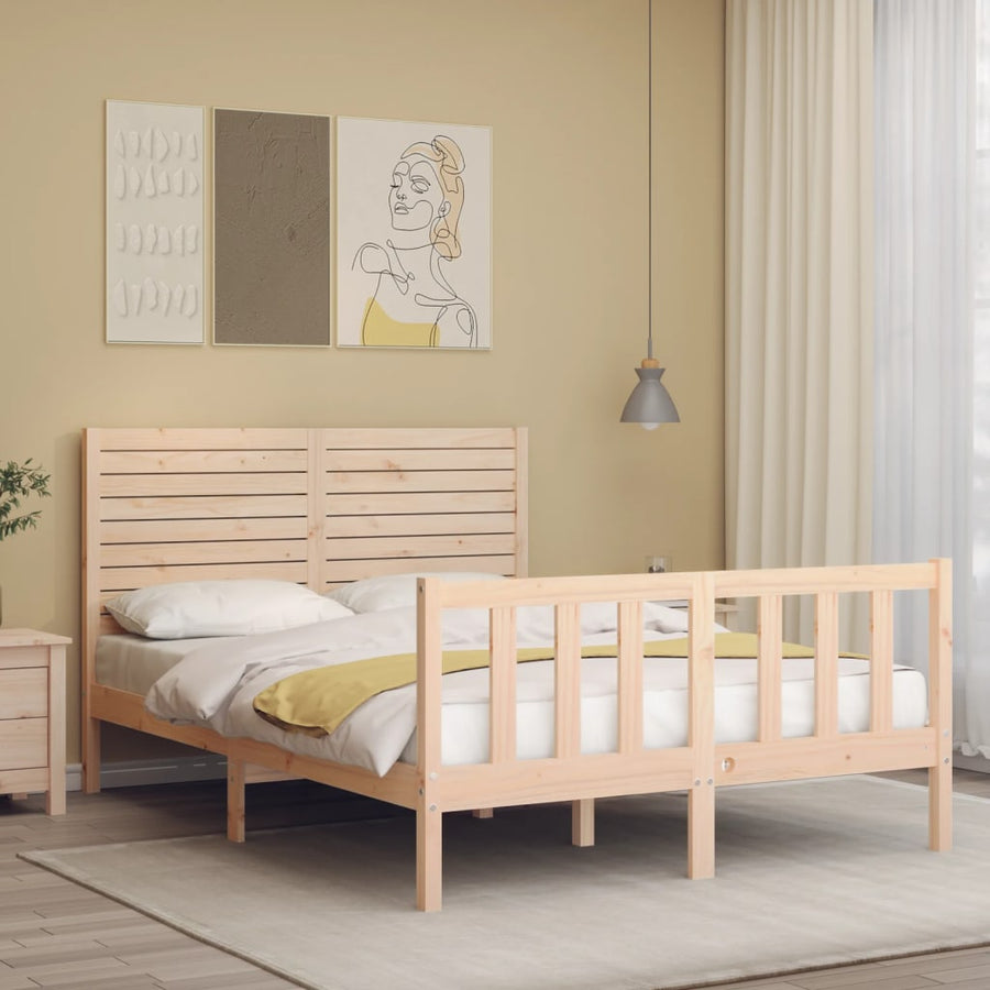 Bedframe met hoofdbord massief hout 140x200 cm 140 x 200 cm Naturel