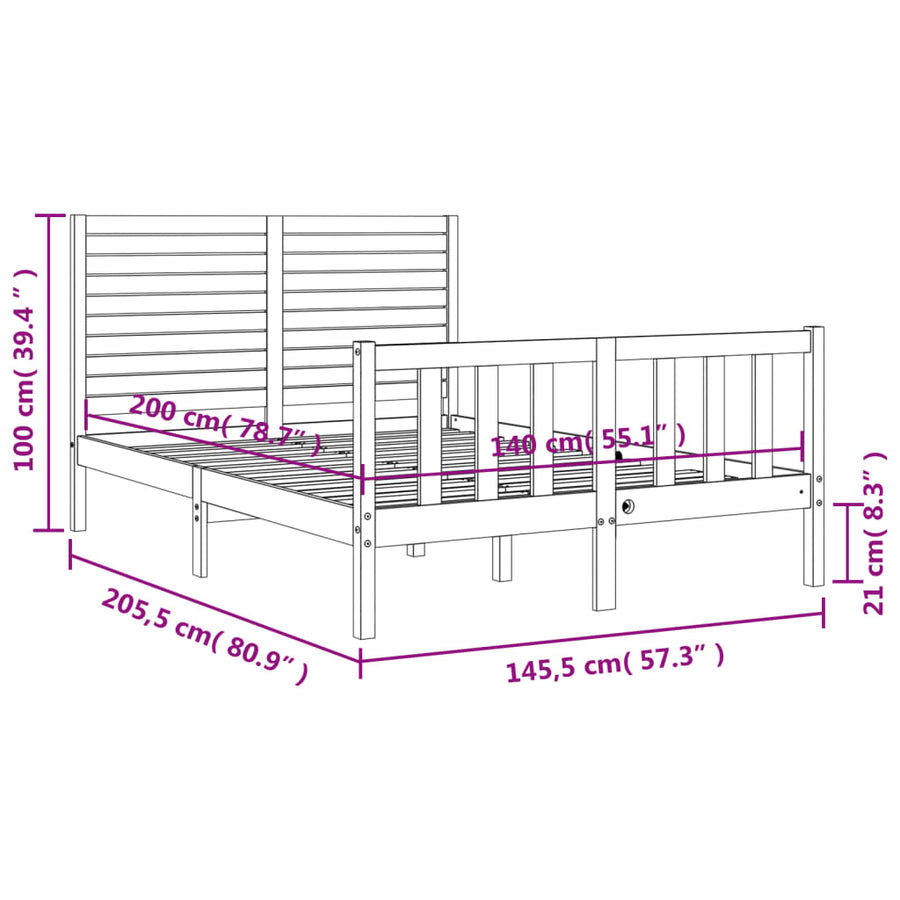 Bedframe met hoofdbord massief hout 140x200 cm 140 x 200 cm Naturel