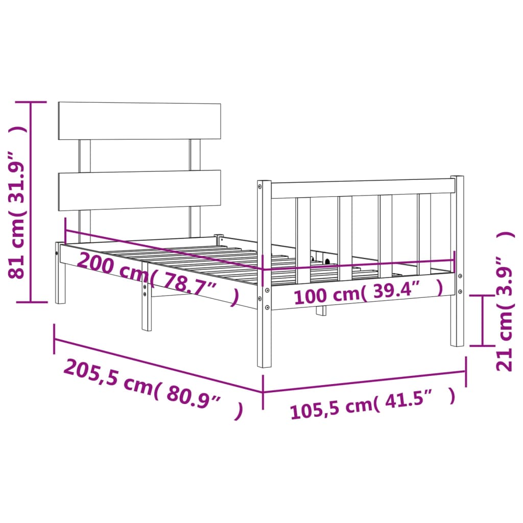 Bedframe met hoofdbord massief hout wit 100x200 cm 100 x 200 cm Wit met hoofdbord & voetbord