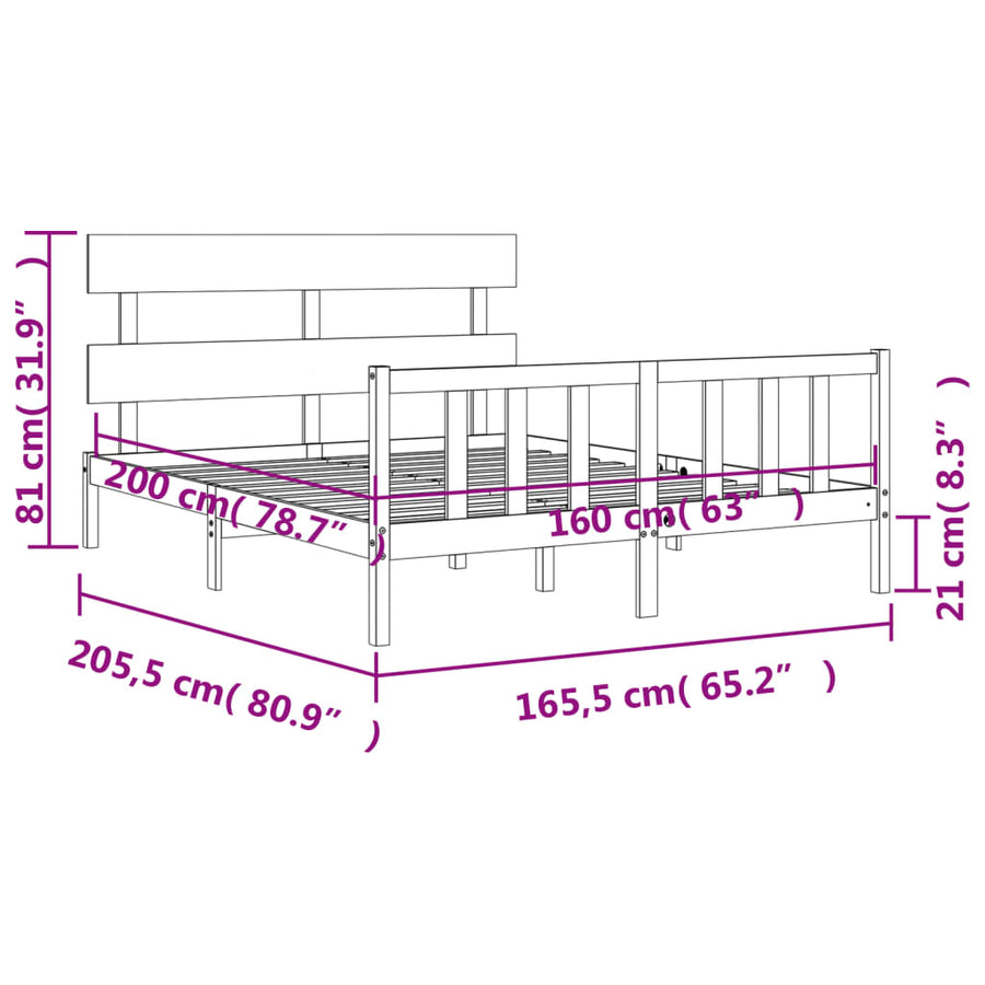 Bedframe met hoofdbord massief hout 160x200 cm 160 x 200 cm Naturel met hoofdbord & voetbord