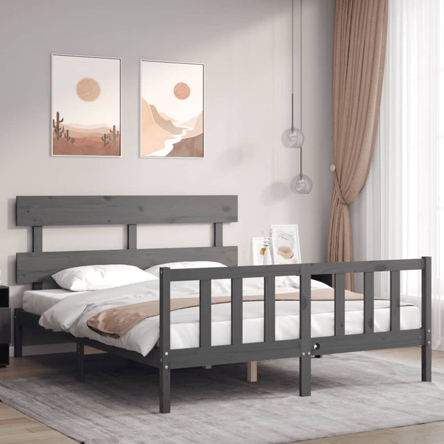 Bedframe met hoofdbord massief hout grijs 160x200 cm 160 x 200 cm Grijs met hoofdbord & voetbord