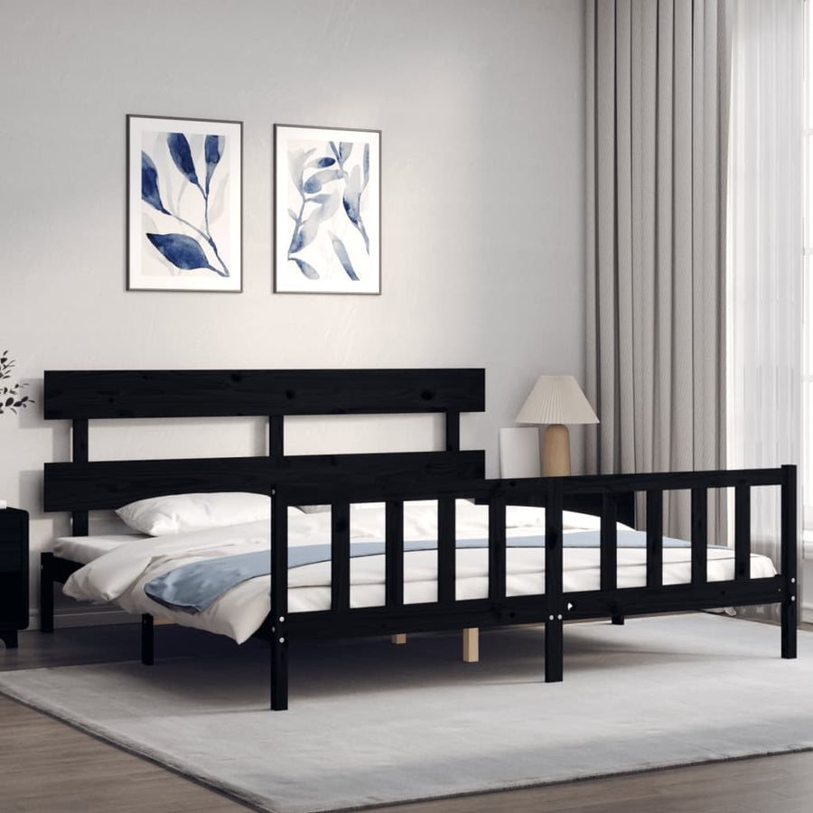 Bedframe met hoofdbord massief hout zwart 200x200 cm 200 x 200 cm Zwart met hoofdbord & voetbord
