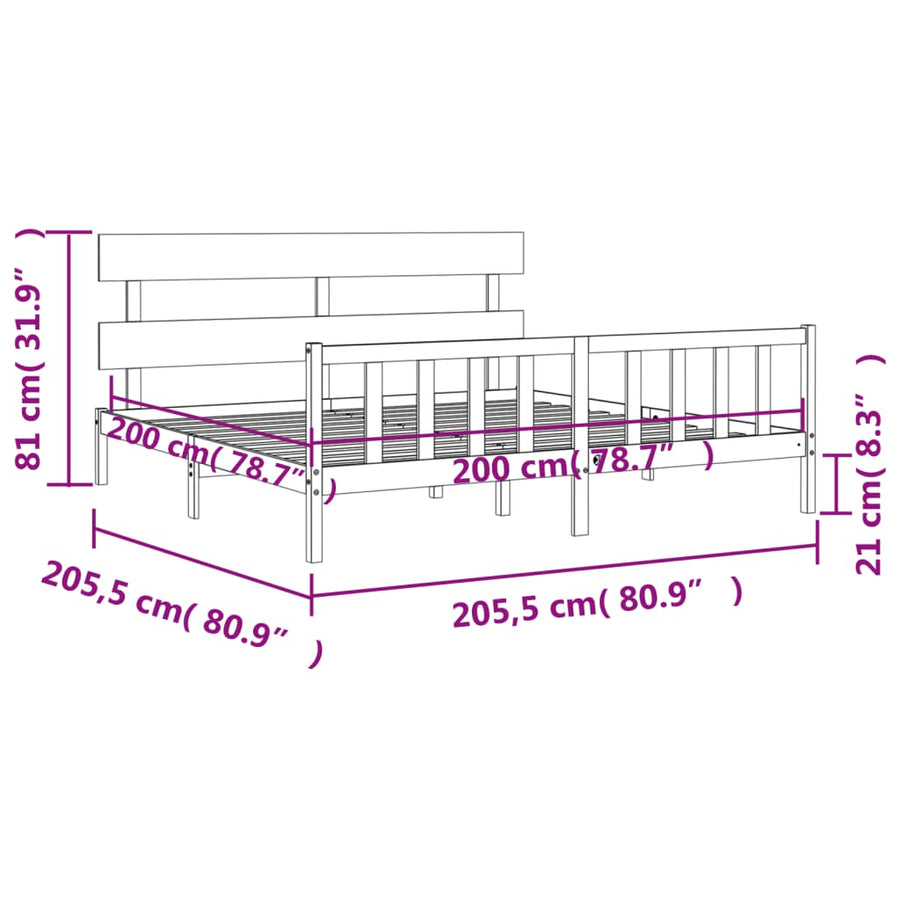 Bedframe met hoofdbord massief hout zwart 200x200 cm 200 x 200 cm Zwart met hoofdbord & voetbord