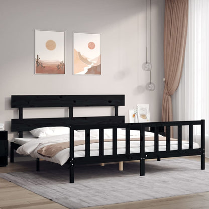 Bedframe met hoofdbord massief hout zwart 200x200 cm 200 x 200 cm Zwart met hoofdbord & voetbord