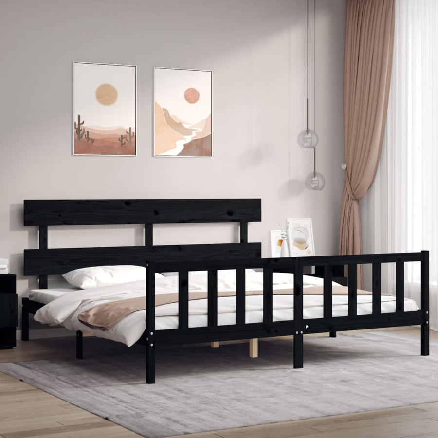 Bedframe met hoofdbord massief hout zwart 200x200 cm 200 x 200 cm Zwart met hoofdbord & voetbord
