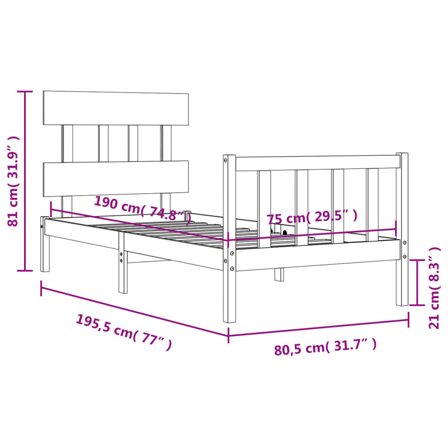 Bedframe met hoofdbord massief hout zwart 2FT6 Small Single 75 x 190 cm Zwart