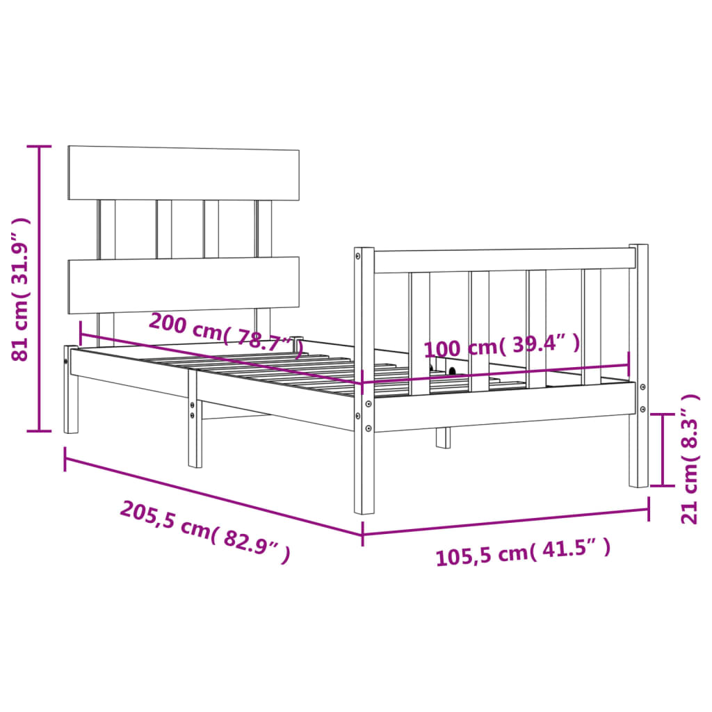 Bedframe met hoofdbord massief hout wit 100x200 cm 100 x 200 cm Wit met hoofdbord & voetbord