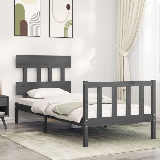 Bedframe met hoofdbord massief hout grijs 100x200 cm 100 x 200 cm Grijs