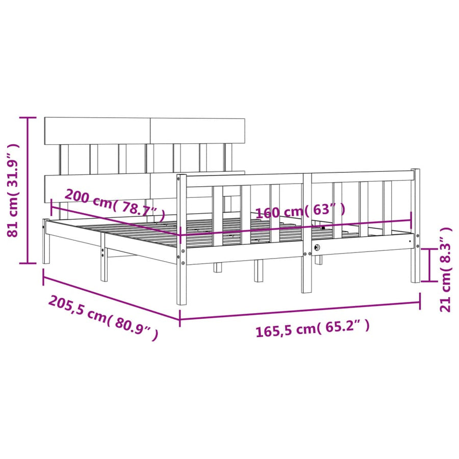 Bedframe met hoofdbord massief hout 160x200 cm 160 x 200 cm Naturel met hoofdbord & voetbord