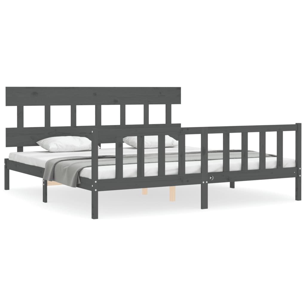 Bedframe met hoofdbord massief hout grijs 200x200 cm 200 x 200 cm Grijs met hoofdbord & voetbord