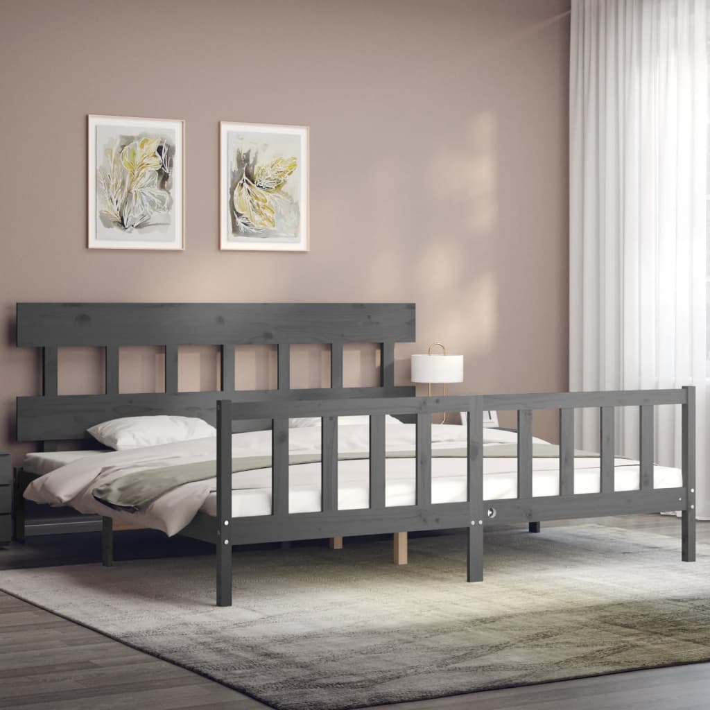 Bedframe met hoofdbord massief hout grijs 200x200 cm 200 x 200 cm Grijs met hoofdbord & voetbord
