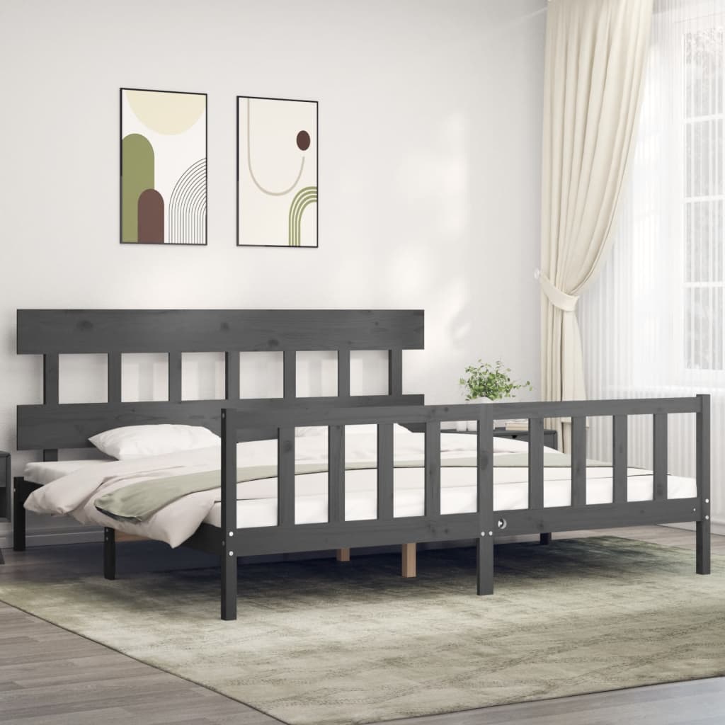 Bedframe met hoofdbord massief hout grijs 200x200 cm 200 x 200 cm Grijs met hoofdbord & voetbord