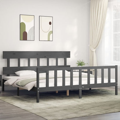 Bedframe met hoofdbord massief hout grijs 200x200 cm 200 x 200 cm Grijs met hoofdbord & voetbord