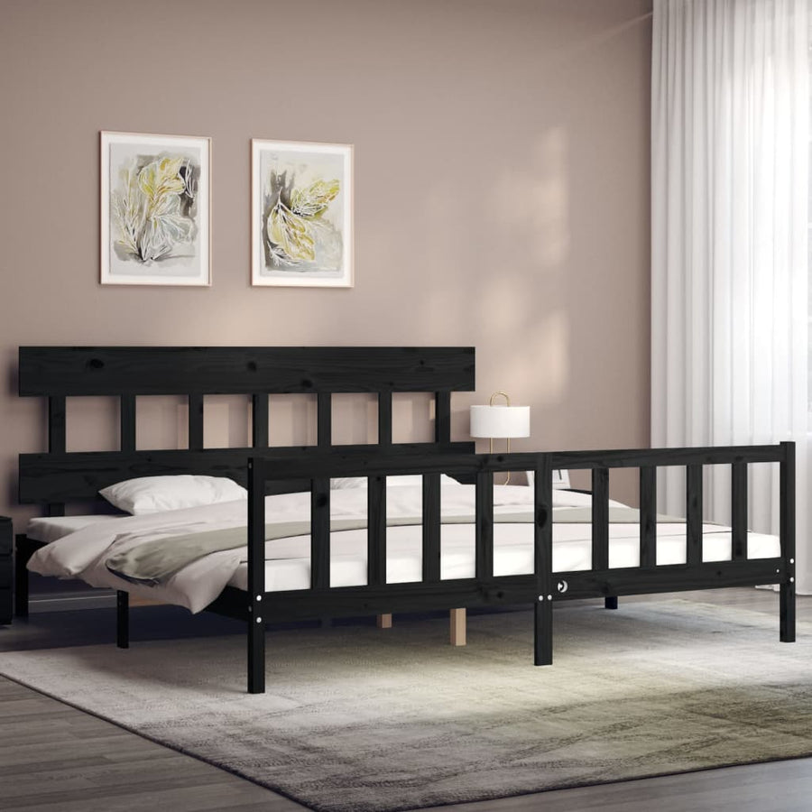 Bedframe met hoofdbord massief hout zwart 200x200 cm 200 x 200 cm Zwart