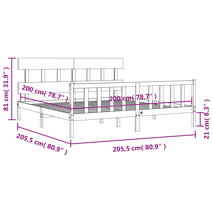 Bedframe met hoofdbord massief hout zwart 200x200 cm 200 x 200 cm Zwart