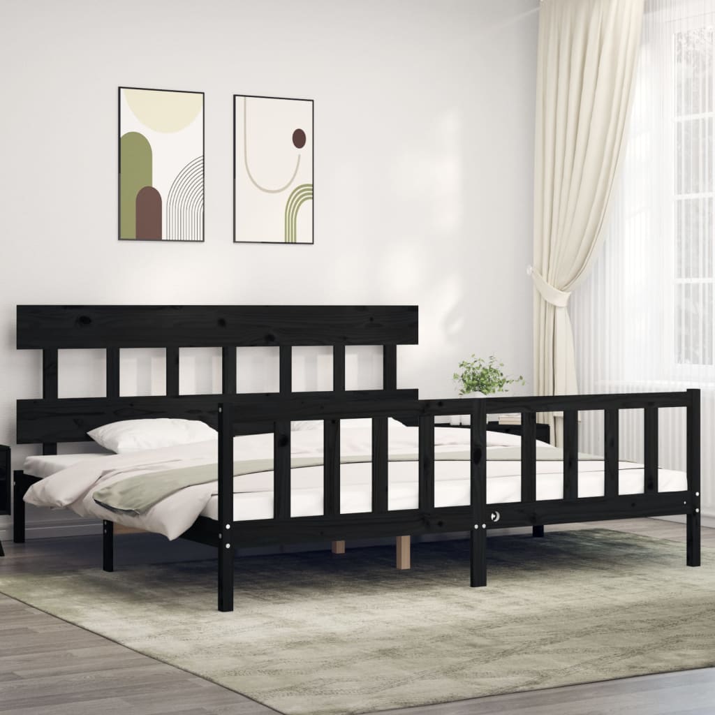 Bedframe met hoofdbord massief hout zwart 200x200 cm 200 x 200 cm Zwart