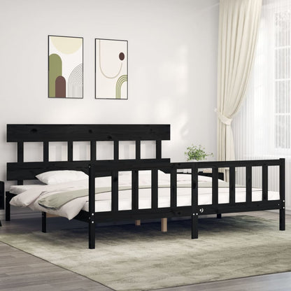 Bedframe met hoofdbord massief hout zwart 200x200 cm 200 x 200 cm Zwart