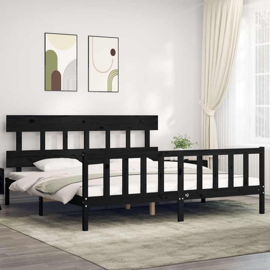 Bedframe met hoofdbord massief hout zwart 200x200 cm 200 x 200 cm Zwart