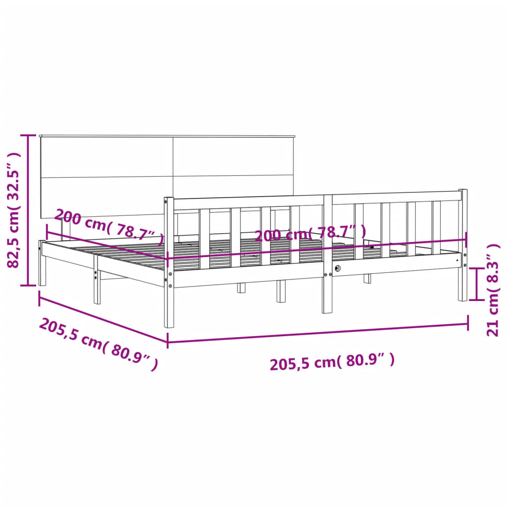 Bedframe Met Hoofdbord Massief Hout 200 x 200 cm Zwart