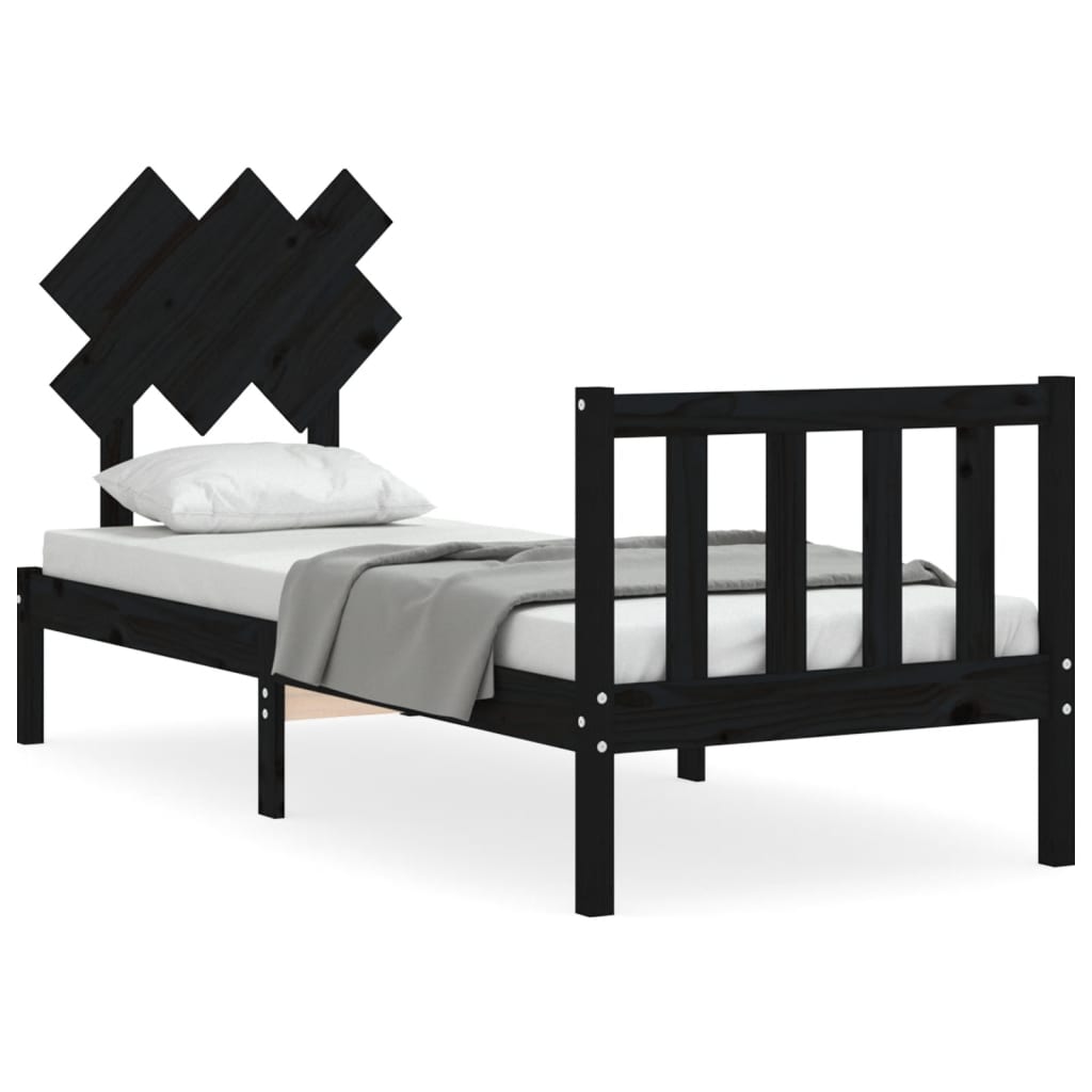 Bedframe Met Hoofdbord Massief Hout 2Ft6 Small Single 75 x 190 cm Zwart