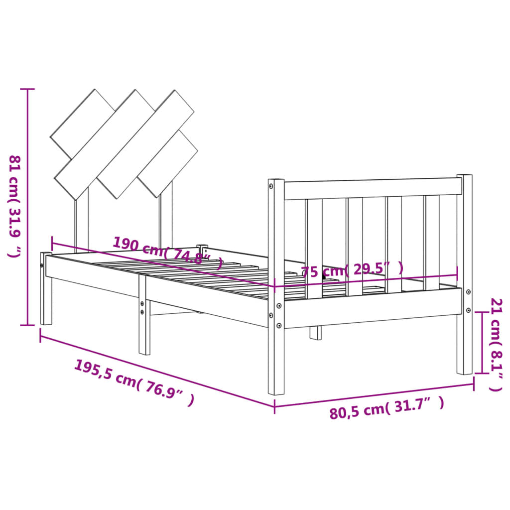 Bedframe Met Hoofdbord Massief Hout 2Ft6 Small Single 75 x 190 cm Zwart
