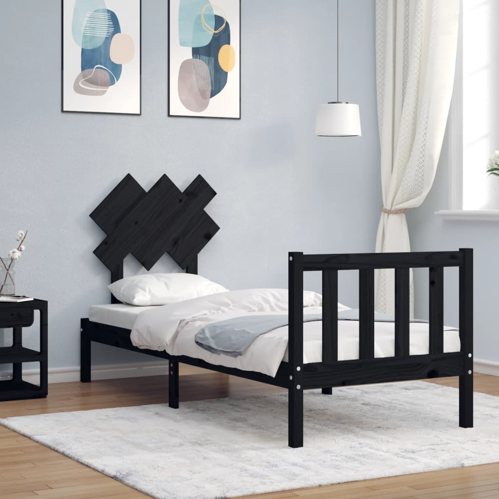 Bedframe Met Hoofdbord Massief Hout 2Ft6 Small Single 75 x 190 cm Zwart