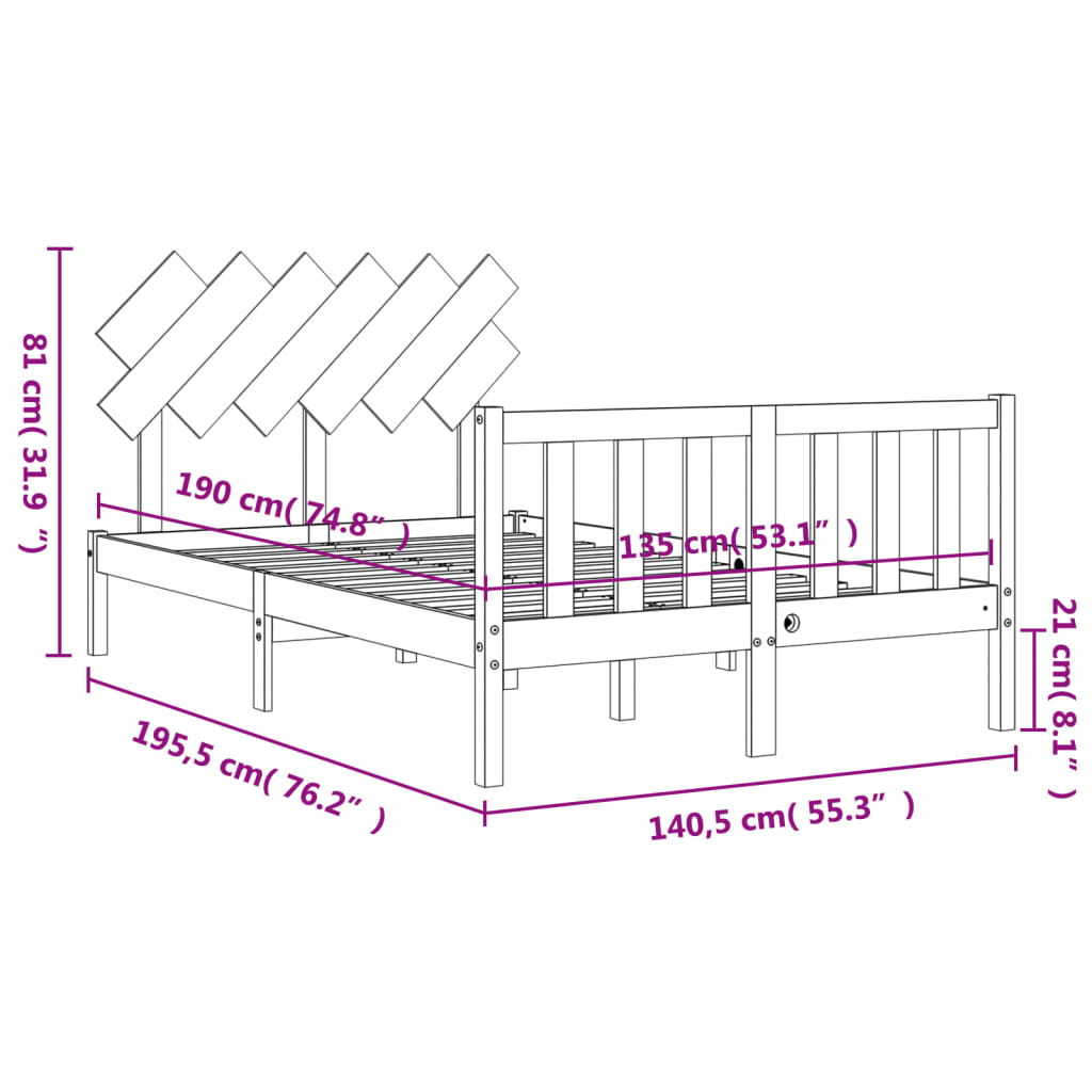 Bedframe Met Hoofdbord Massief Hout 4Ft6 Double 135 x 190 cm Zwart