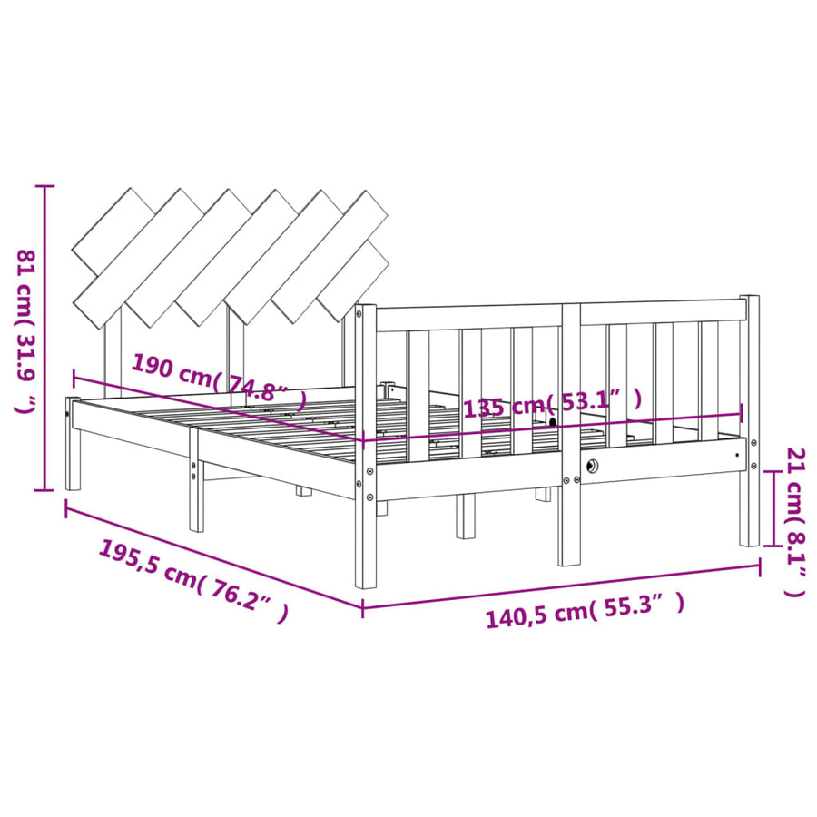 Bedframe Met Hoofdbord Massief Hout 4Ft6 Double 135 x 190 cm Zwart