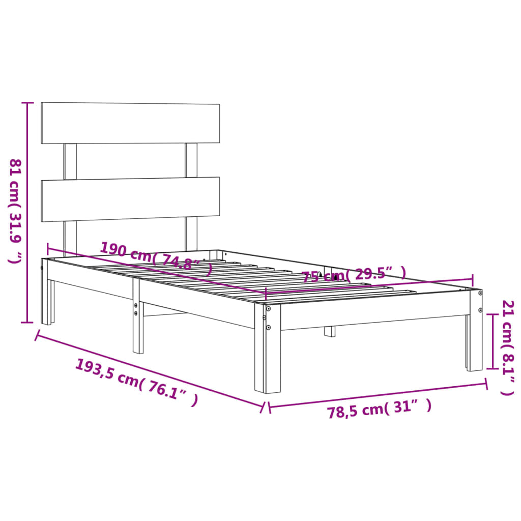 Bedframe met hoofdbord massief hout 2FT6 Small Single 75 x 190 cm Naturel met hoofdbord