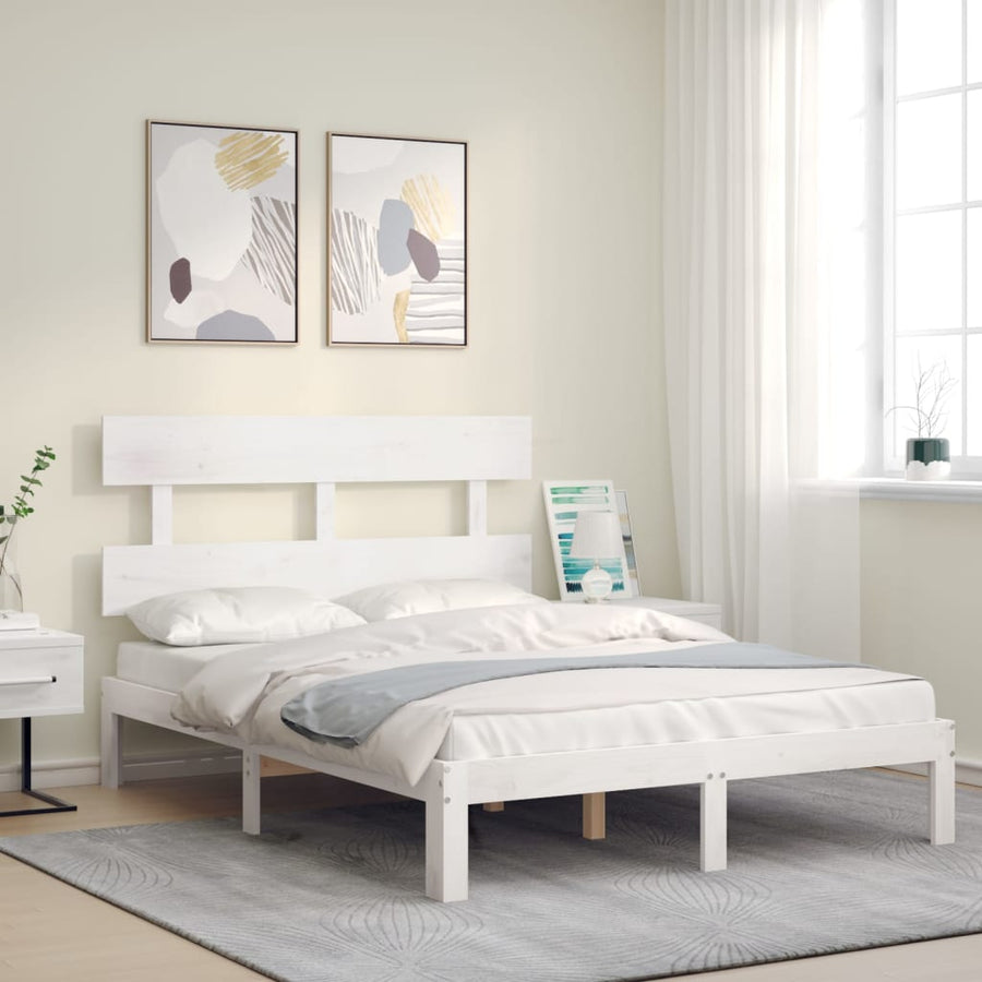 Bedframe met hoofdbord massief hout wit 4FT Small Double 120 x 190 cm Wit met hoofdbord