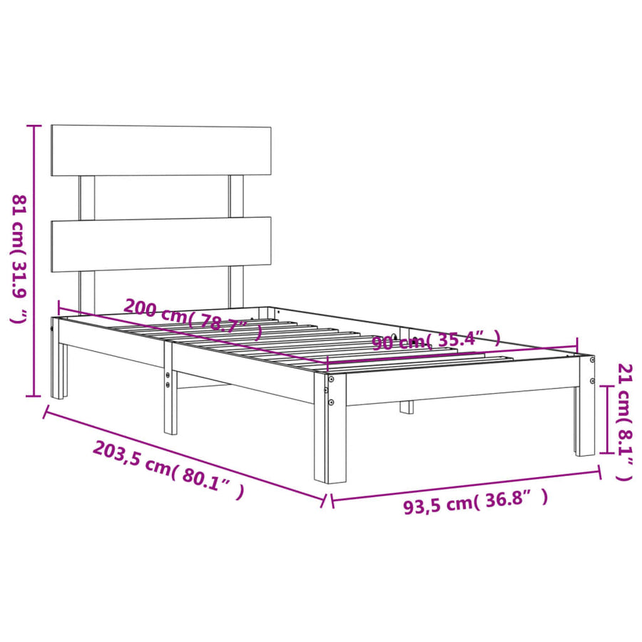 Bedframe met hoofdbord massief hout 90x200 cm 90 x 200 cm Naturel met hoofdbord