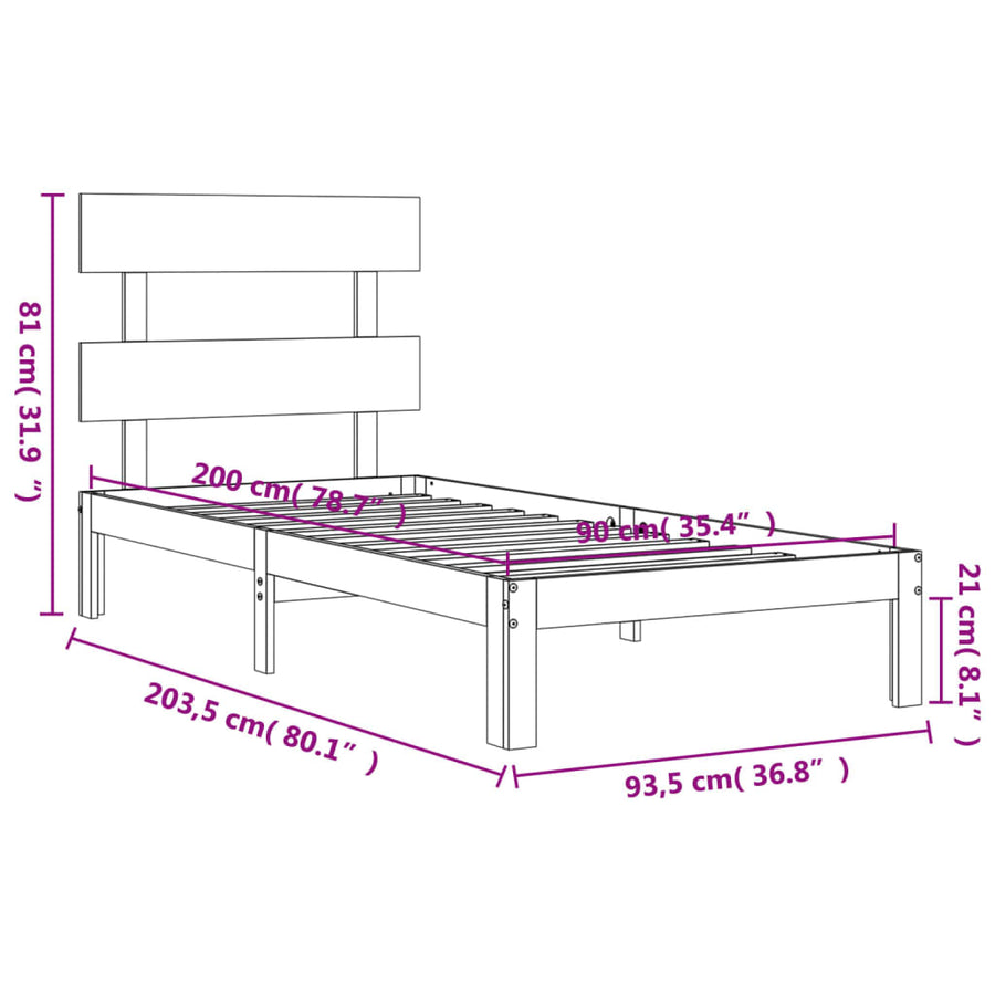 Bedframe met hoofdbord massief hout wit 90x200 cm 90 x 200 cm Wit met hoofdbord