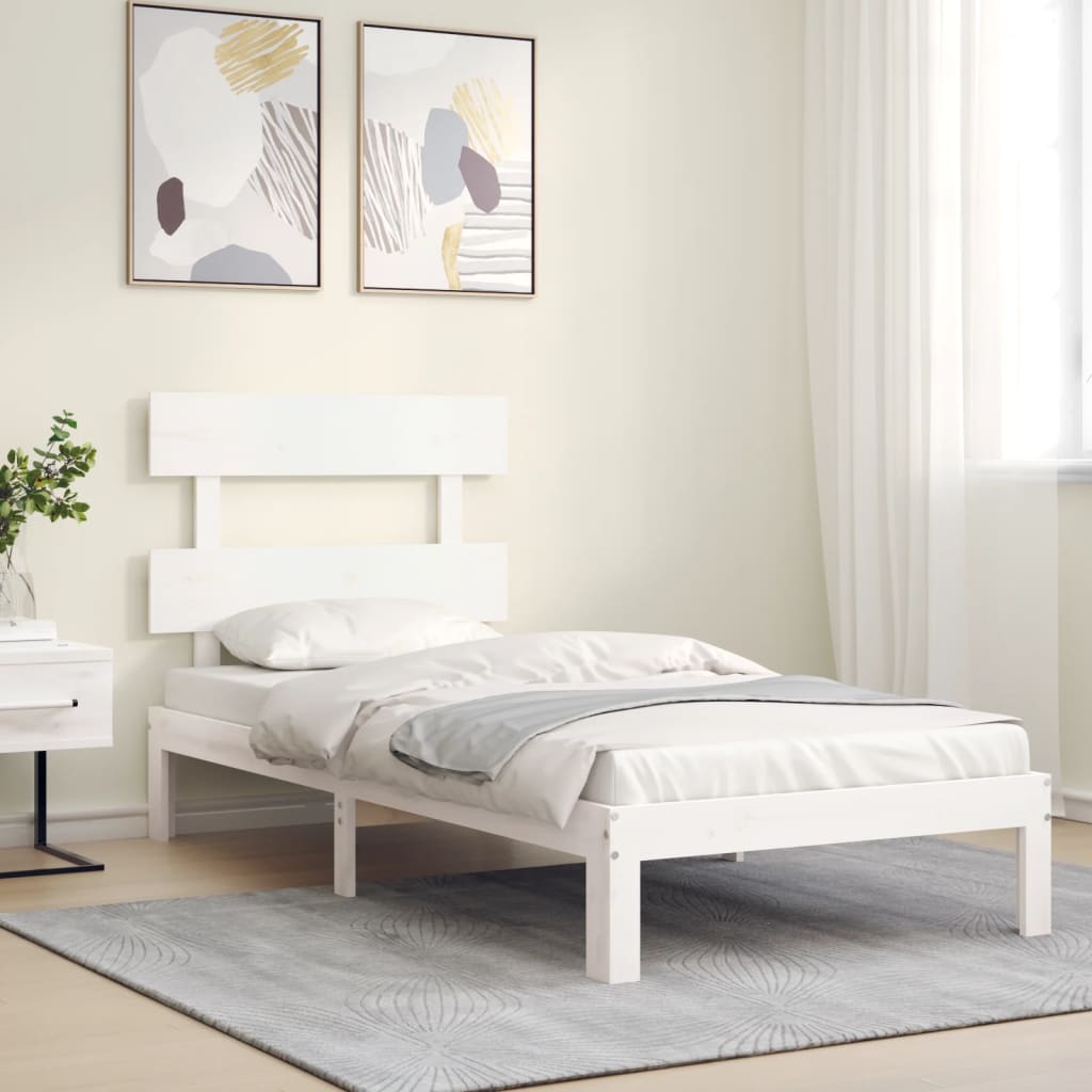 Bedframe met hoofdbord massief hout wit 100x200 cm 100 x 200 cm Wit met hoofdbord