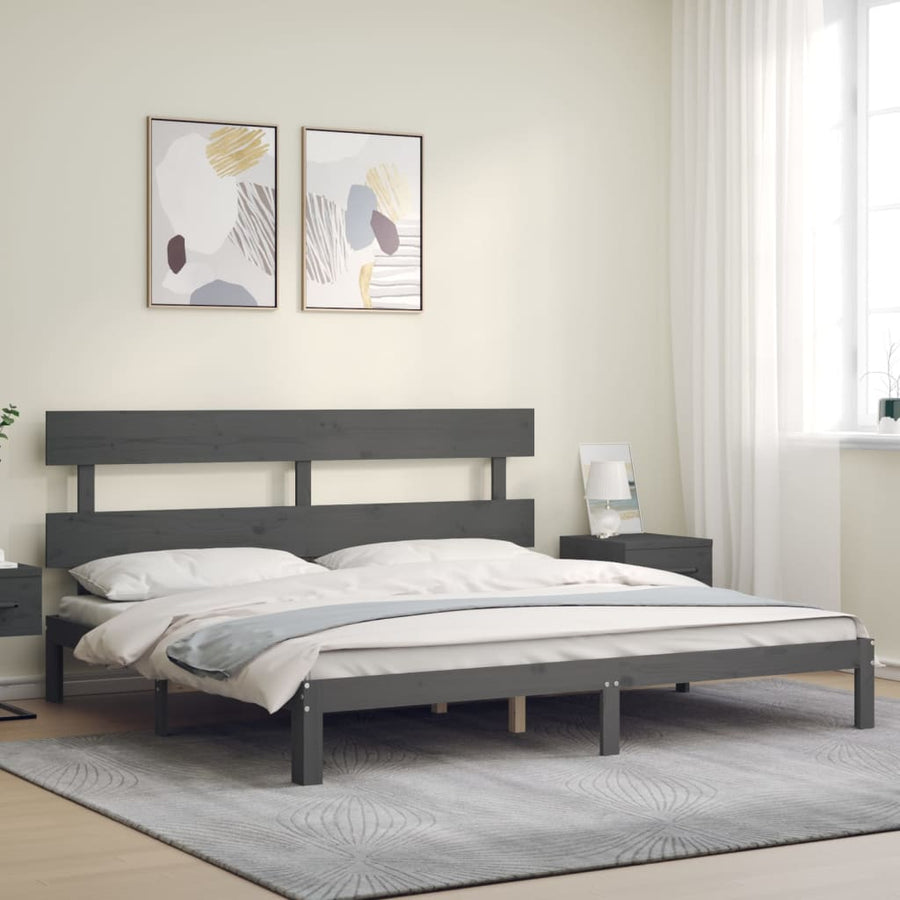 Bedframe met hoofdbord massief hout grijs 200x200 cm 200 x 200 cm Grijs met hoofdbord