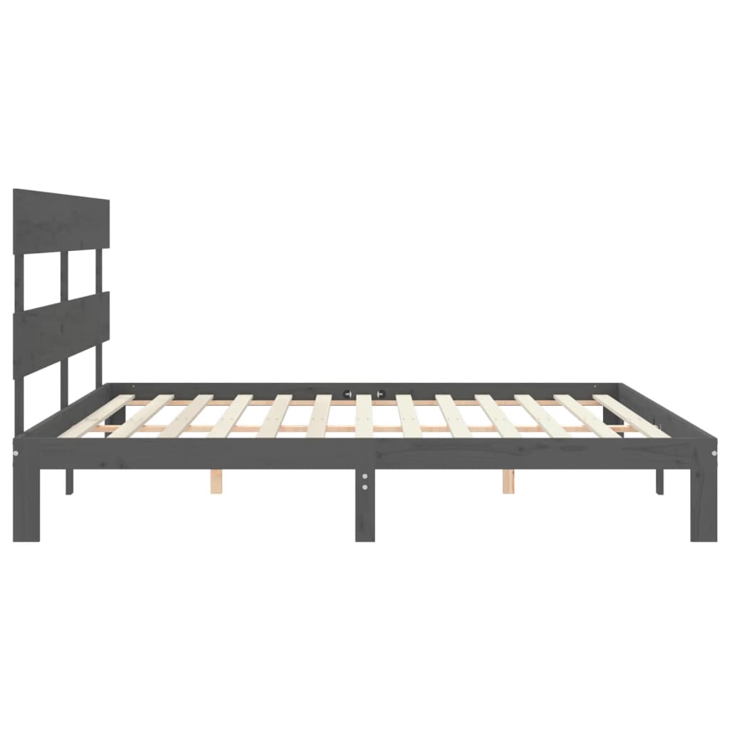 Bedframe met hoofdbord massief hout grijs 200x200 cm 200 x 200 cm Grijs met hoofdbord